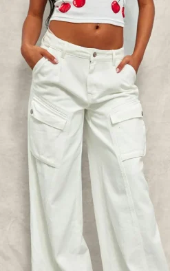 Ecru Denim Wide Leg Cargo Jeans