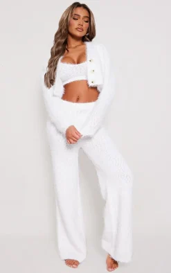 Ecru Eyelash Bobble Knit Wide Leg Pants