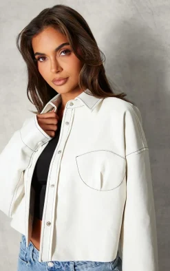 Ecru Faux Leather Cup Stitching Detail Crop Jacket