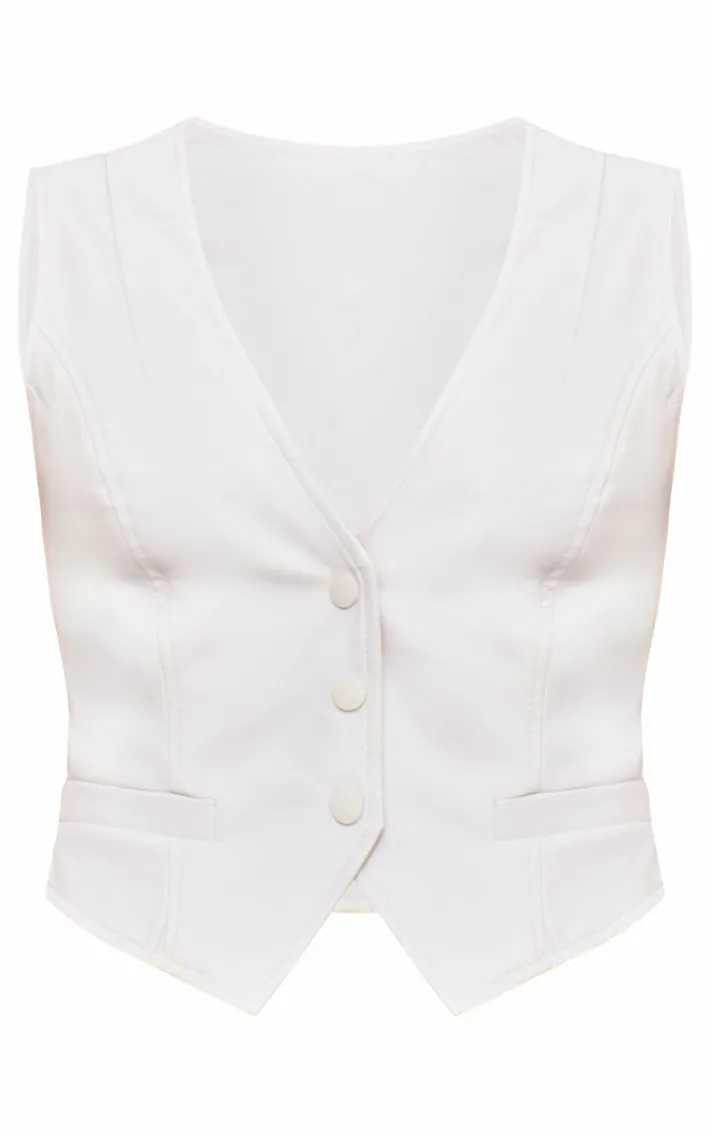 Ecru Faux Leather Fitted Vest
