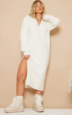 Ecru Knit V Neck Oversized Slouchy Maxi Dress