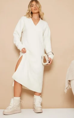 Ecru Knit V Neck Oversized Slouchy Maxi Dress