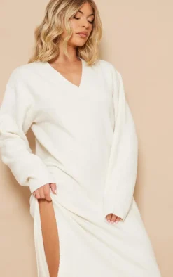 Ecru Knit V Neck Oversized Slouchy Maxi Dress