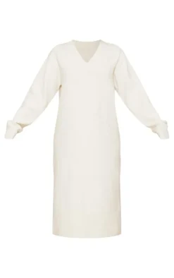 Ecru Knit V Neck Oversized Slouchy Maxi Dress
