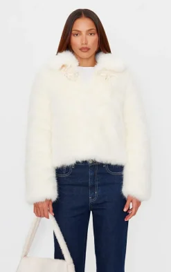 Ecru Plush Faux Fur Toggle Detail Jacket