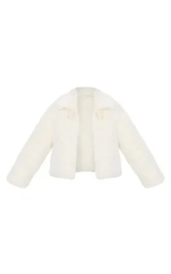 Ecru Plush Faux Fur Toggle Detail Jacket
