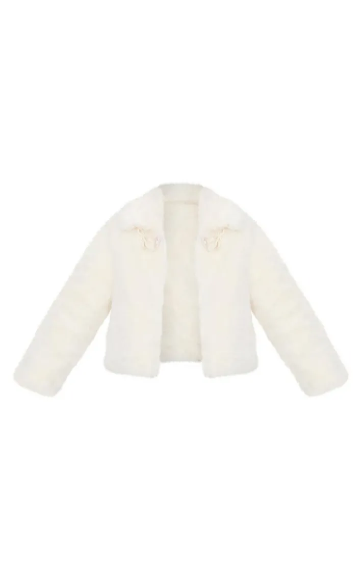 Ecru Plush Faux Fur Toggle Detail Jacket