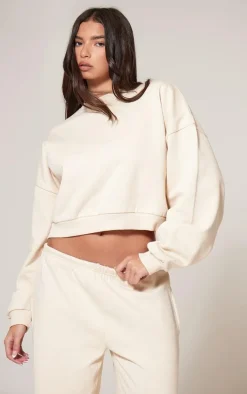 Ecru Premium Basic Crew Neck Cropped Sweatshirt