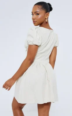 Ecru Puff Sleeve Fitted Waist Denim Dress