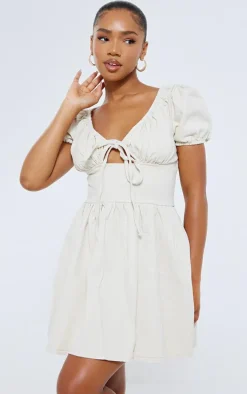 Ecru Puff Sleeve Fitted Waist Denim Dress