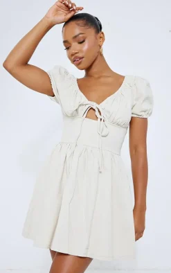 Ecru Puff Sleeve Fitted Waist Denim Dress