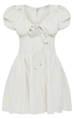 Ecru Puff Sleeve Fitted Waist Denim Dress