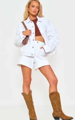 Ecru Raw Hem Boyfriend Denim Shorts