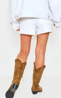 Ecru Raw Hem Boyfriend Denim Shorts