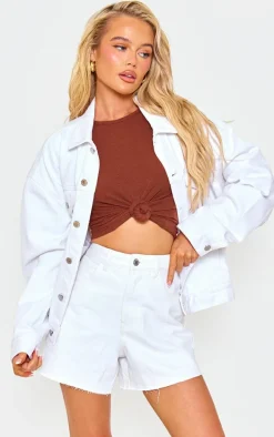 Ecru Raw Hem Boyfriend Denim Shorts