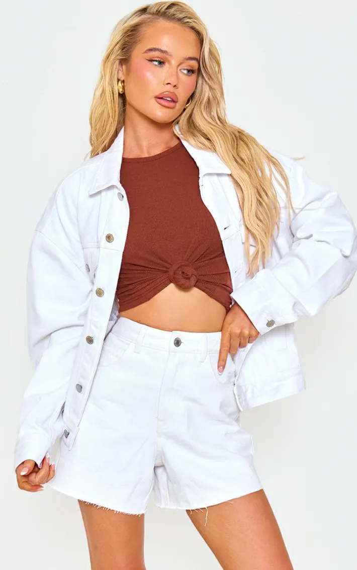 Ecru Raw Hem Boyfriend Denim Shorts