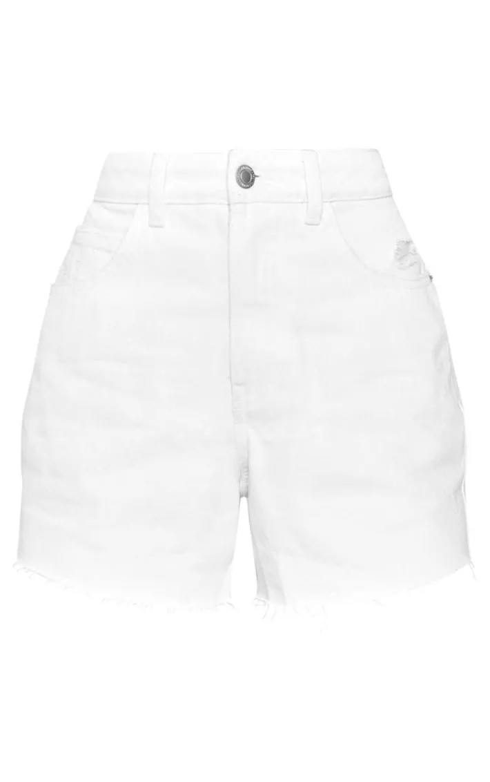 Ecru Raw Hem Boyfriend Denim Shorts