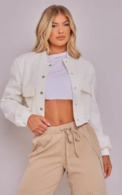 Ecru Ribbed Trim Shoulder Padded Bomber Jacket