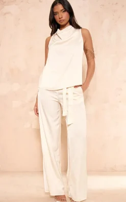 Ecru Satin Tailored Belted Wide Leg Pants