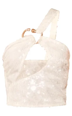 Ecru Sequin Cut Out Metal Trim Asymmetric Crop Top