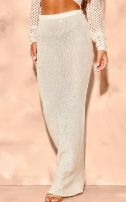 Ecru Sequin Knit Side Split Maxi Skirt