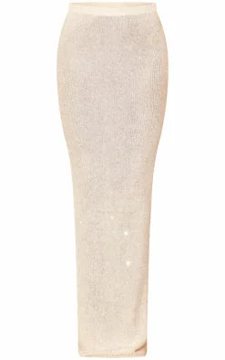 Ecru Sequin Knit Side Split Maxi Skirt