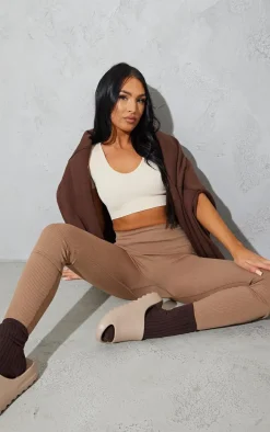 Ecru Snatched Rib V Neck Band Short Sleeve Crop Top