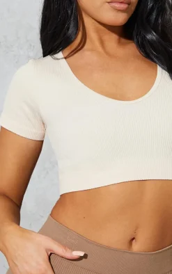Ecru Snatched Rib V Neck Band Short Sleeve Crop Top
