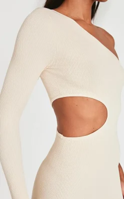 Ecru Structured Snatched Rib One Shoulder Cut Out Bodycon Dress