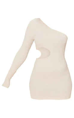 Ecru Structured Snatched Rib One Shoulder Cut Out Bodycon Dress