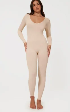 Ecru Structured Snatched Ribbed Long Sleeve Jumpsuit