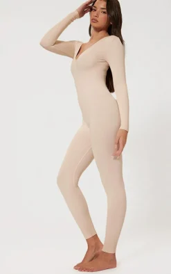 Ecru Structured Snatched Ribbed Long Sleeve Jumpsuit