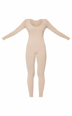 Ecru Structured Snatched Ribbed Long Sleeve Jumpsuit