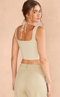 Ecru Tailored Pinstripe Strappy Cutout Crop Top