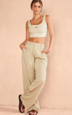 Ecru Tailored Pinstripe Strappy Cutout Crop Top