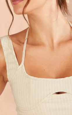 Ecru Tailored Pinstripe Strappy Cutout Crop Top