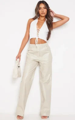 Ecru Textured Faux Leather Straight Leg Pants