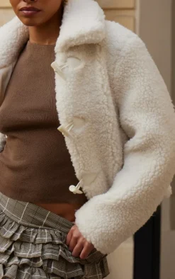 Ecru Toggle Detail Faux Fur Jacket