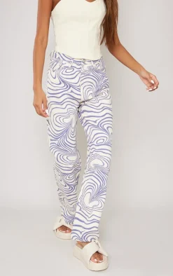 Ecru Wave Print Straight Leg Jeans
