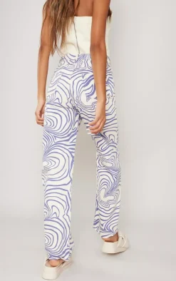 Ecru Wave Print Straight Leg Jeans