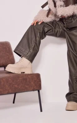 Ecru Wide Fit Pu Chunky Platform Lace Up Ankle Boots