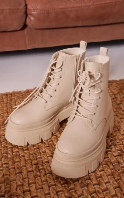 Ecru Wide Fit Pu Chunky Platform Lace Up Ankle Boots
