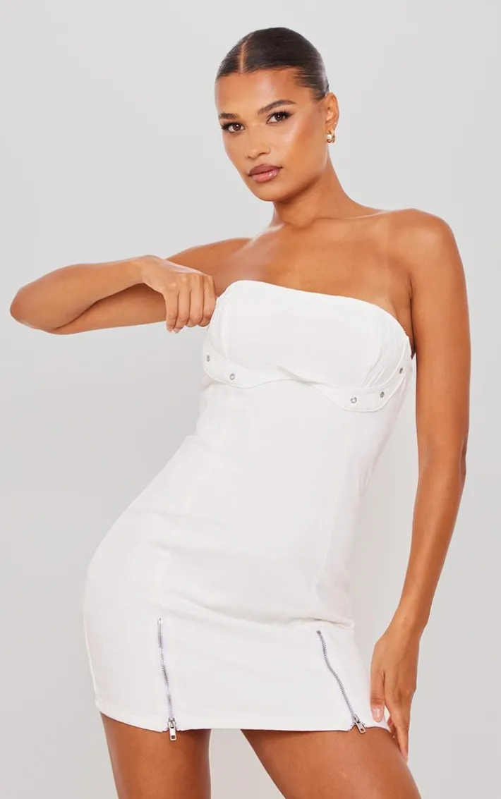 Ecru Zip Detail Denim Mini Dress