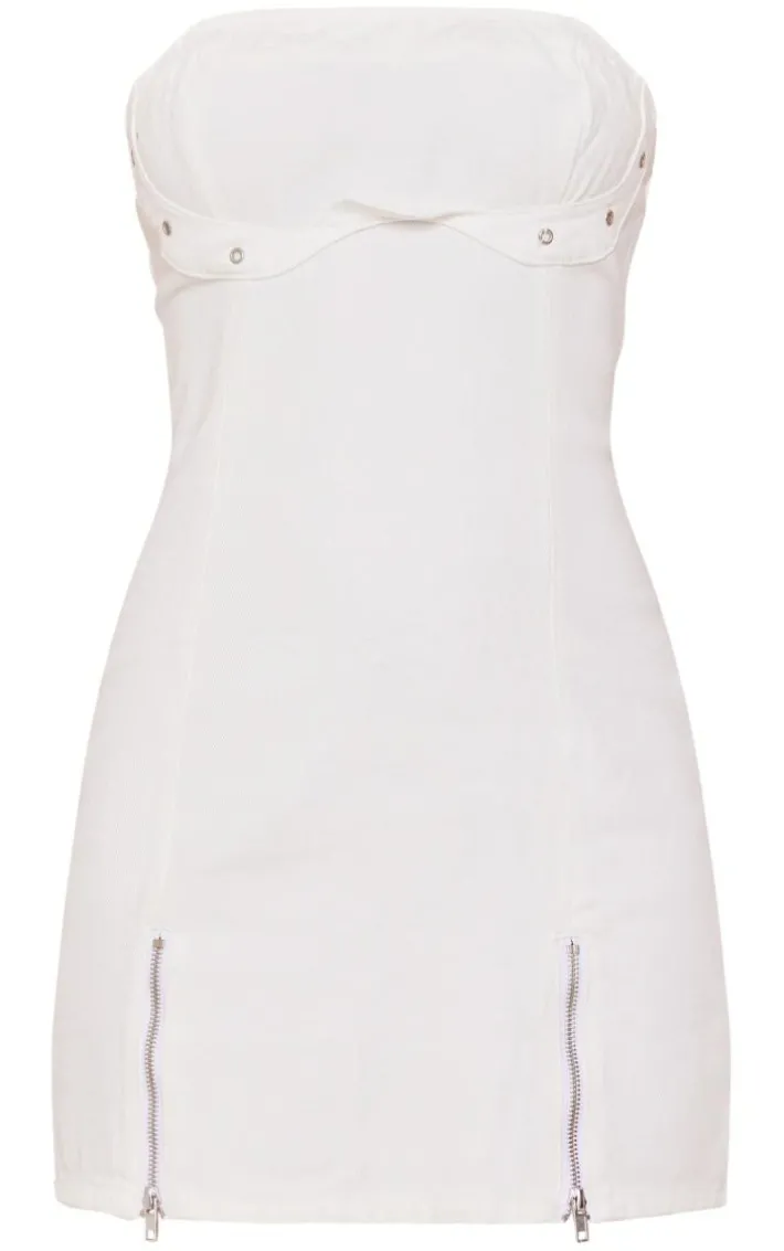 Ecru Zip Detail Denim Mini Dress