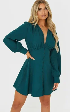 Emerald Green Button Down Waist Detail Shift Dress