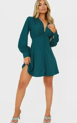 Emerald Green Button Down Waist Detail Shift Dress