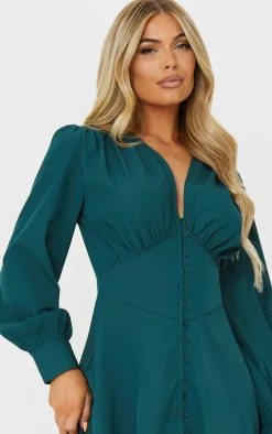 Emerald Green Button Down Waist Detail Shift Dress
