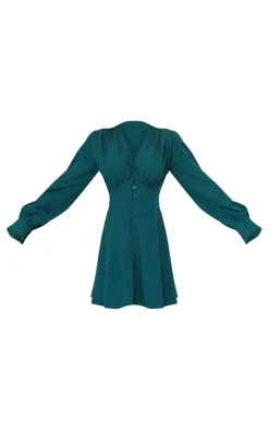 Emerald Green Button Down Waist Detail Shift Dress