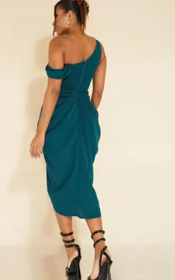 Emerald Green Chiffon Asymmetric Strap Draped Midi Dress