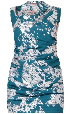 Emerald Green Foil Print Woven Ruched Sleeveless Bodycon Dress